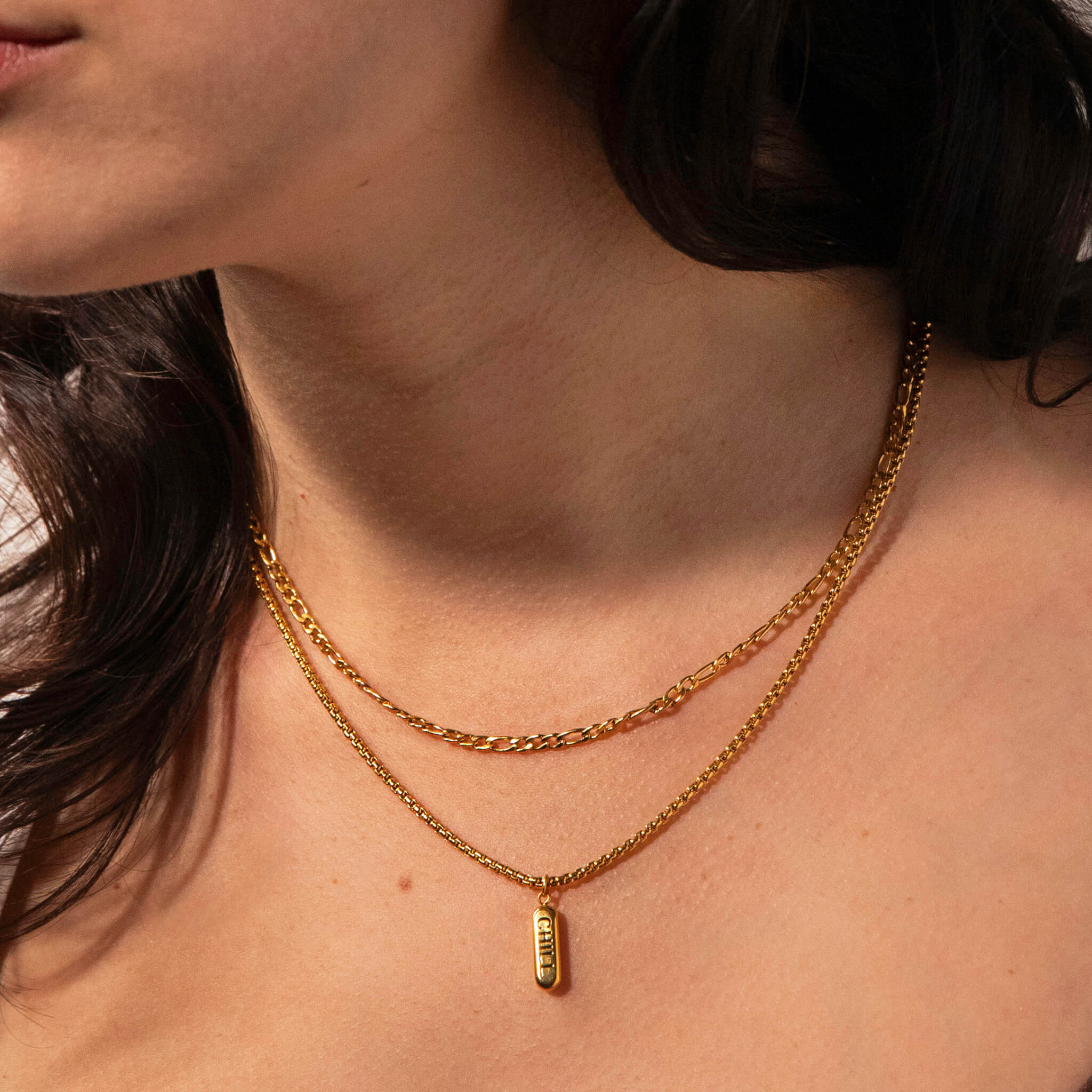 Chill Necklace Duo (Gold) on model