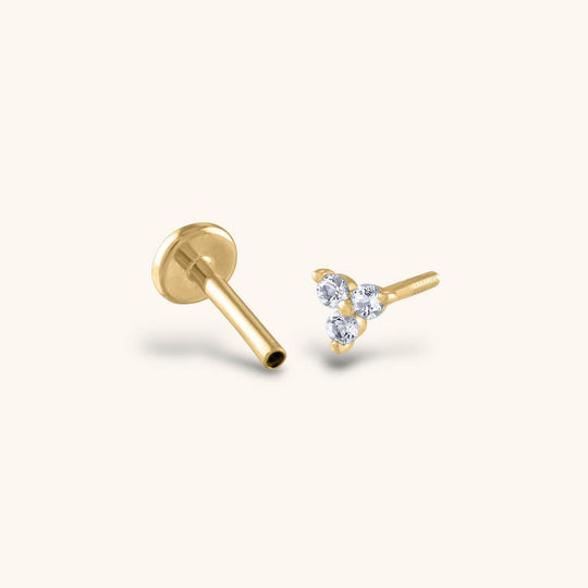 Crystal Trinity Threaded Flat Back Earring in 14k Gold