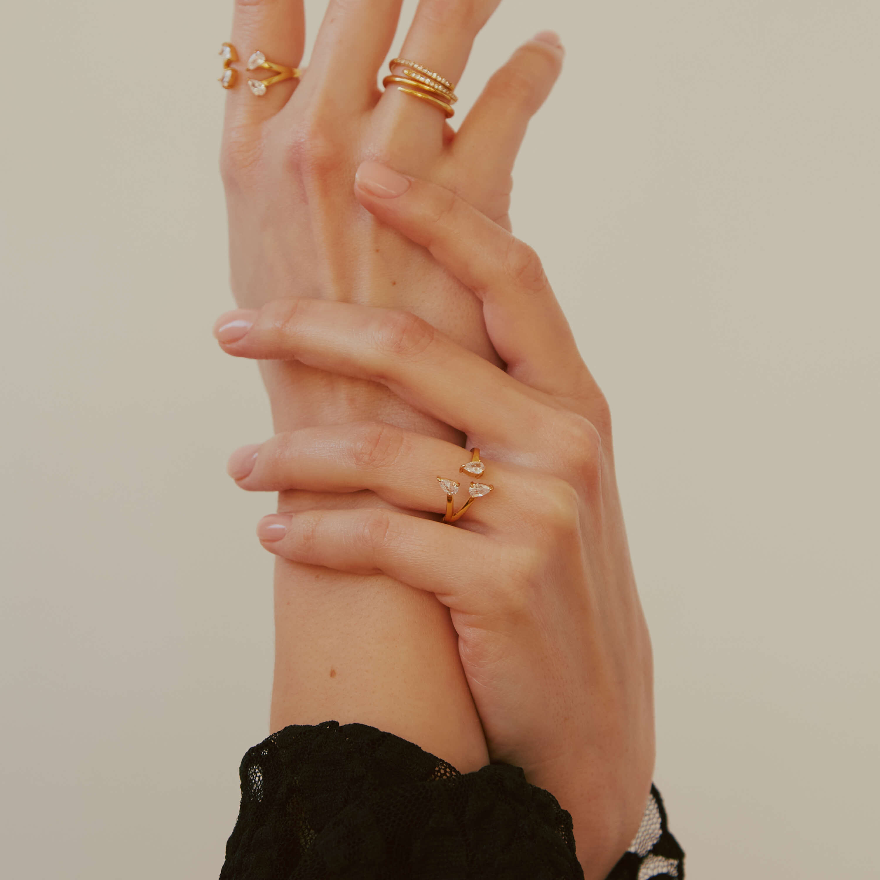 Floating Dewdrop Stacking Ring III (Gold) on model