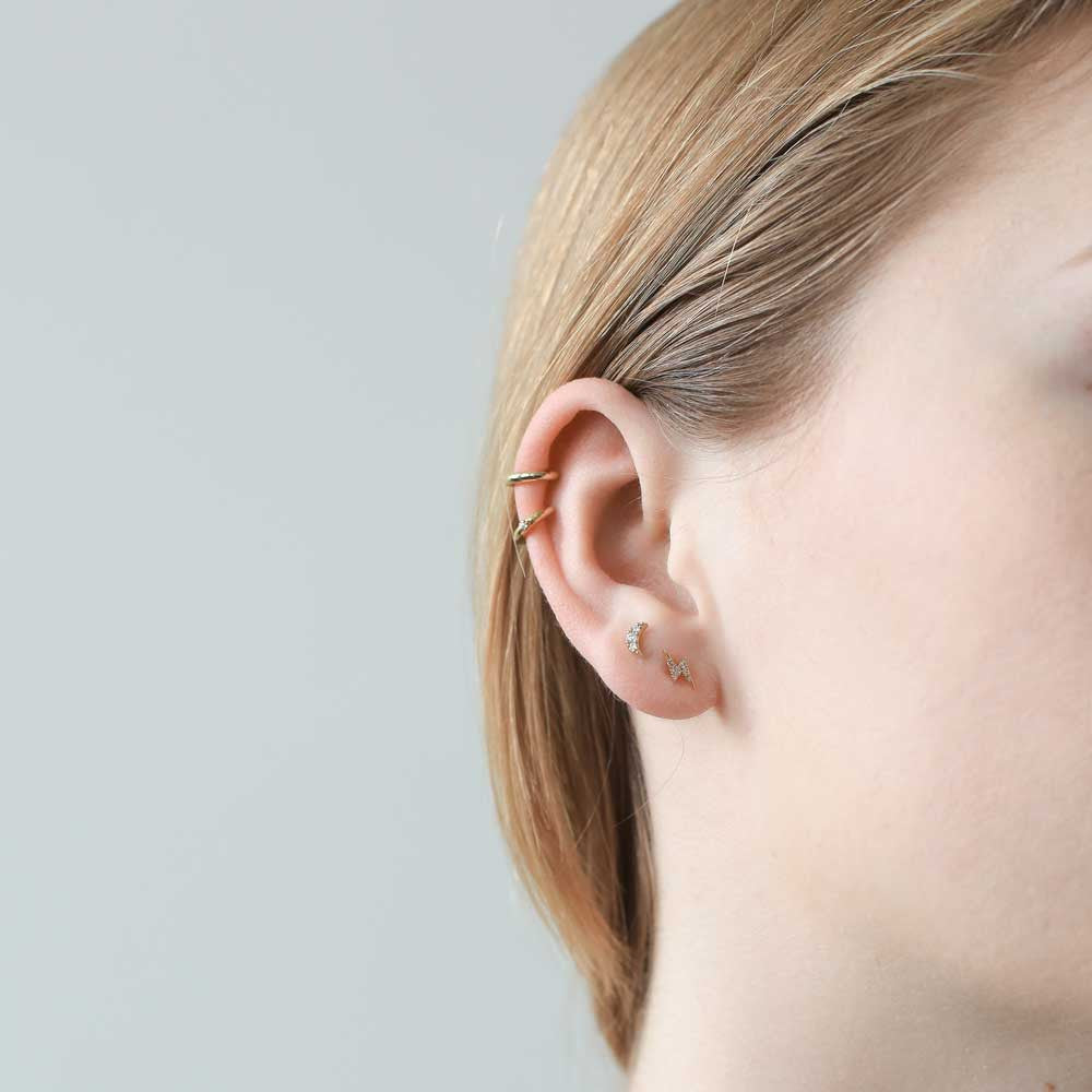 Pave Moon Studs in 14k Gold on model